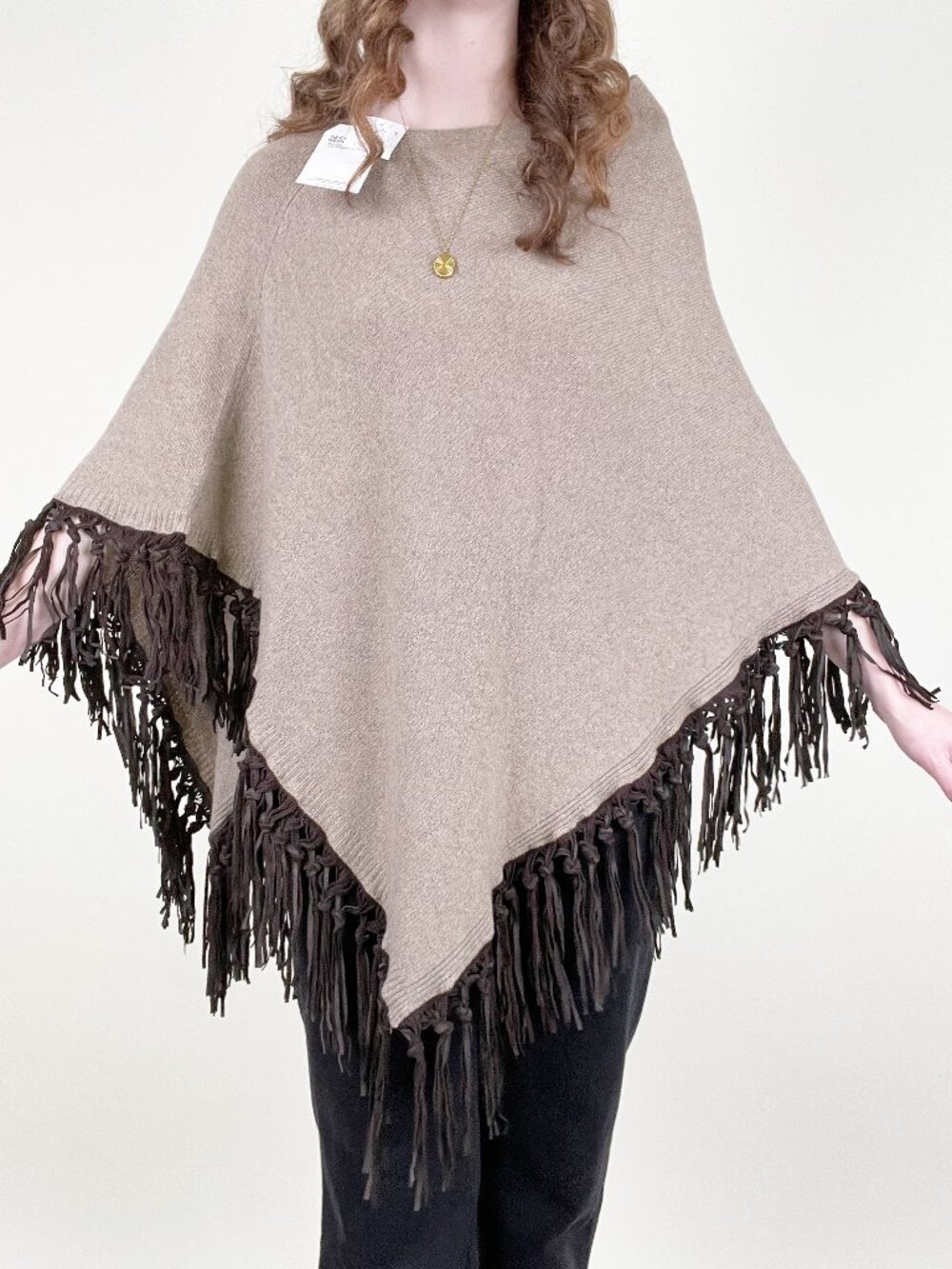 New Cashmere Wool Leather Fringe Poncho Sweater Western Boho Fall Cozy Bohemian - Picture 6 of 9